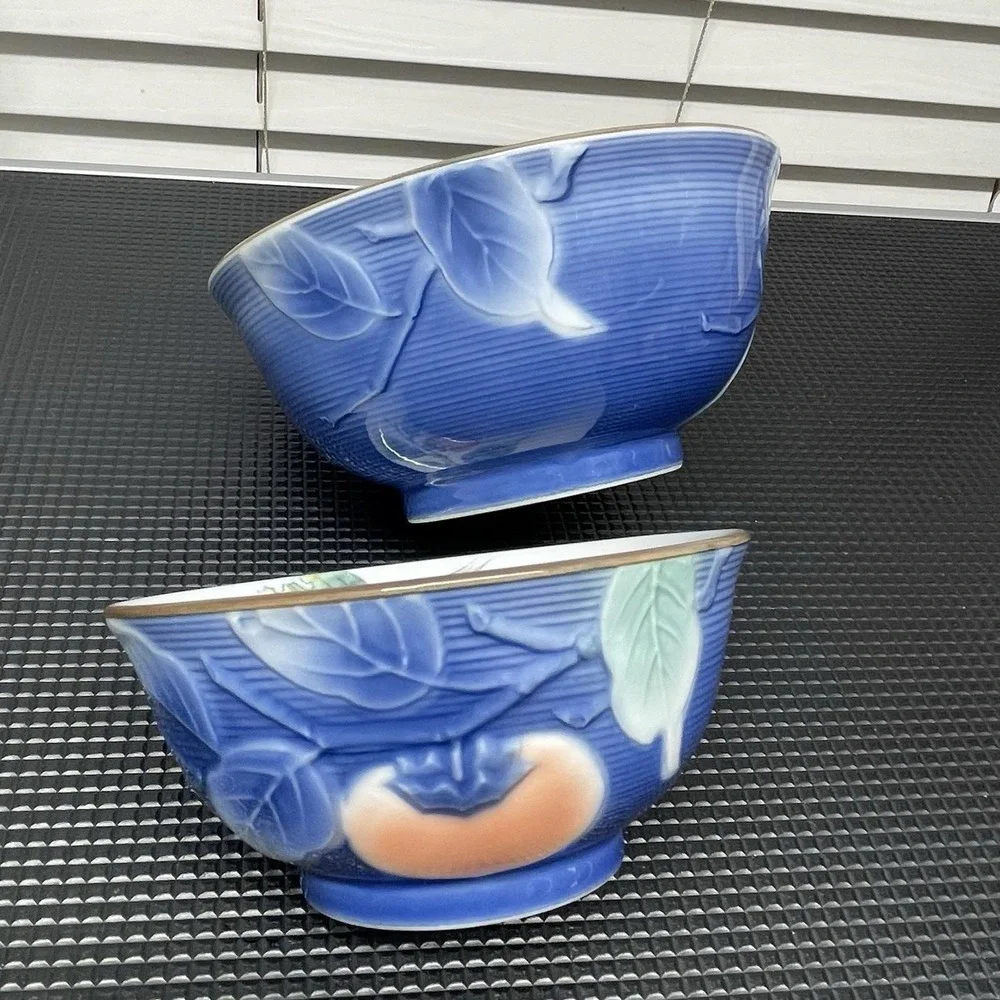 Vintage Andrea by Sadek‎ Japanese Hand Painted Bowls Set Blue Embossed Persimmon